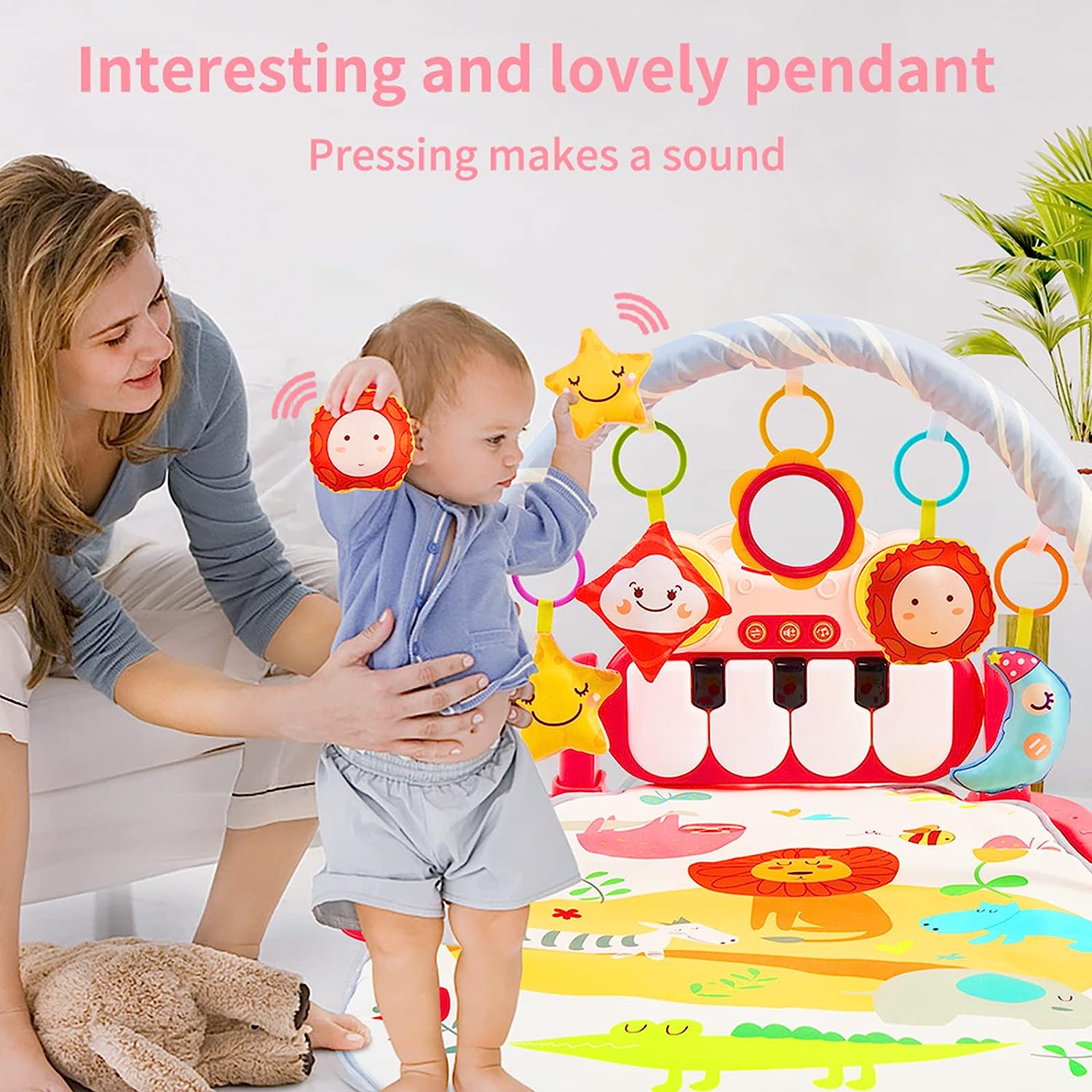 Eners Baby Gyms Play Mats Musical Activity Center Baby Piano Gym Mat Tummy Time Padded Mat for Newborn Toddler Infants(Red) - Image 6